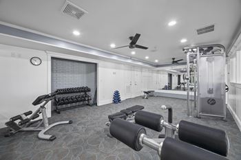 A gym with a variety of equipment including weights and a bench press