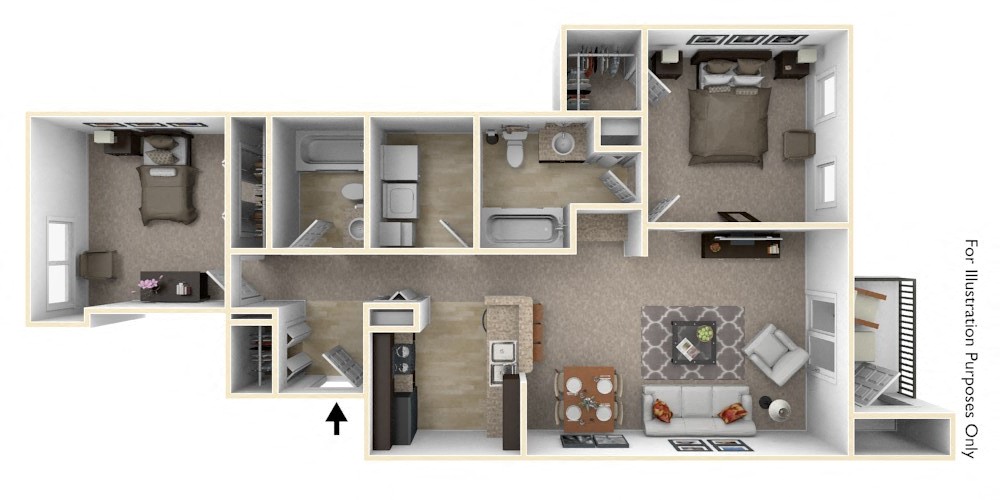 Floor plan for 2 beds, 2 baths, 931 sqft
