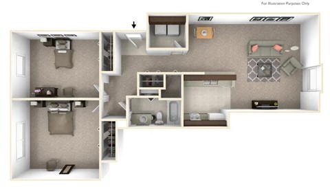 Floor plan for 2 beds, 1 bath, 935 sqft