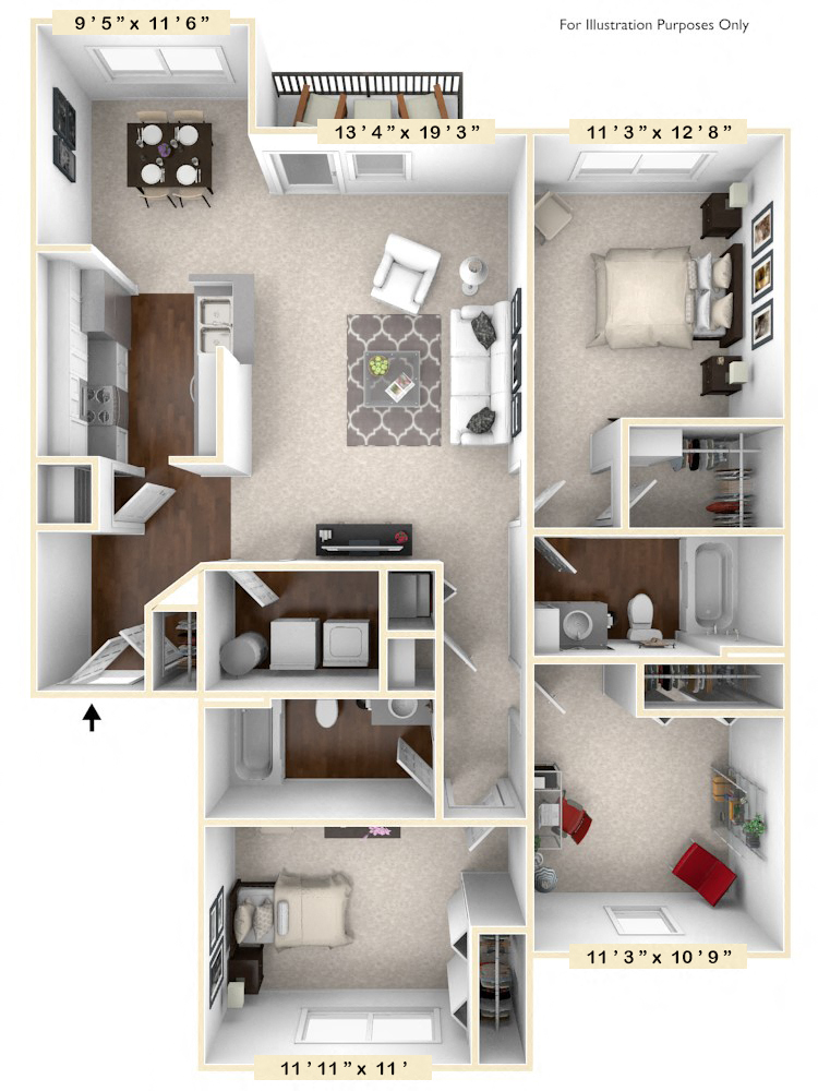 Floor plan for 3 beds, 2 baths, 1326 sqft
