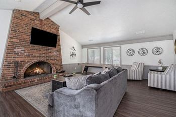 Community building with fireplace wall 