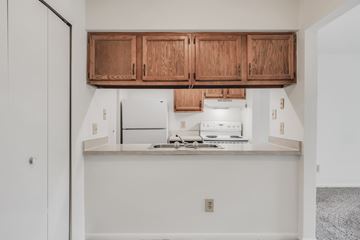 Virginia Beach apartment for rent - A kitchen with wooden cabinets and a stainless steel stove top.