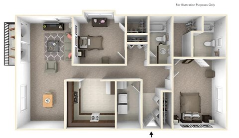 Floor plan for 2 beds, 2 baths, 1035 sqft