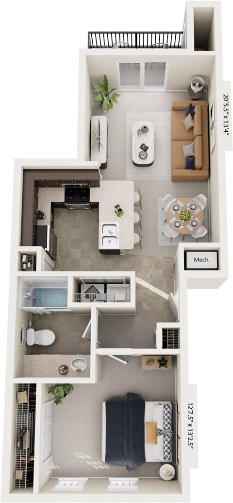 Floor plan for 1 bed, 1 bath, 800 sqft