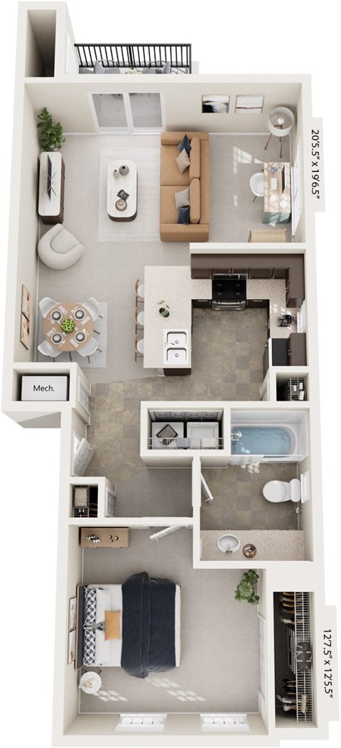 Floor plan for 1 bed, 1 bath, 842 sqft