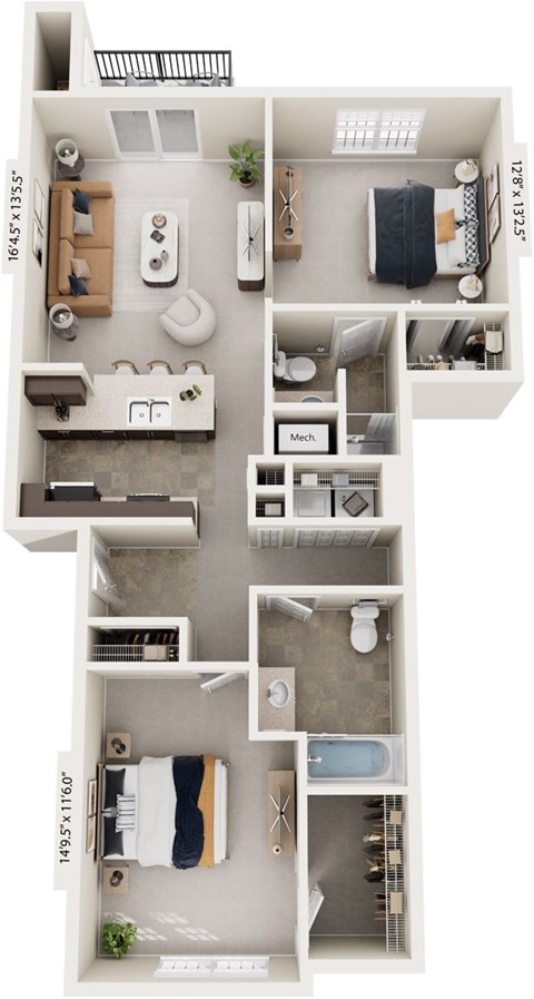 Floor plan for 2 beds, 2 baths, 1087 sqft