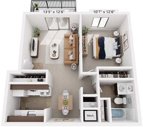 Floor plan for 1 bed, 1 bath, 626 sqft