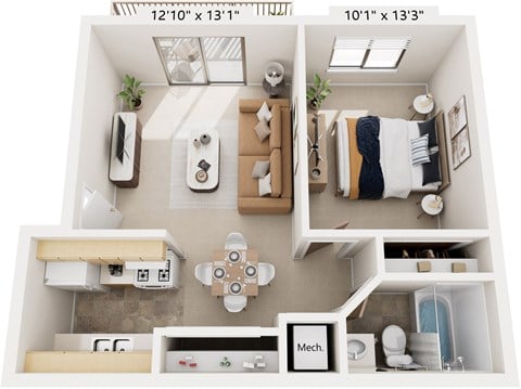 Floor plan for 1 bed, 1 bath, 598 sqft
