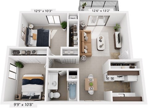 Floor plan for 2 beds, 1 bath, 814 sqft