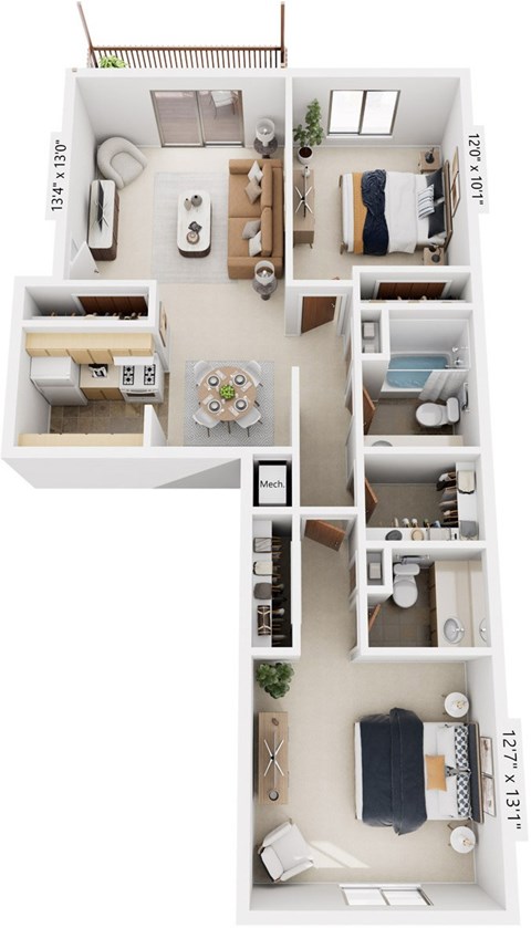Floor plan for 2 beds, 1.5 baths, 918 sqft