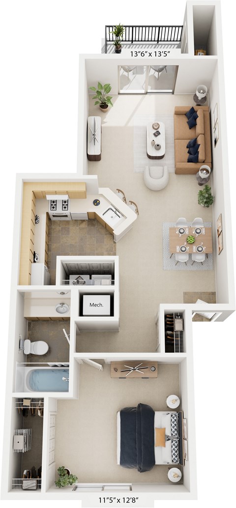 Floor plan for 1 bed, 1 bath, 736 sqft