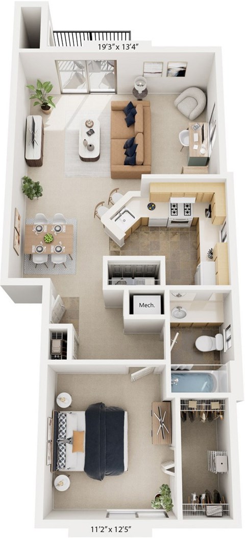 Floor plan for 1 bed, 1 bath, 842 sqft
