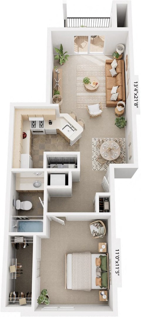 Floor plan for 1 bed, 1 bath, 788 sqft