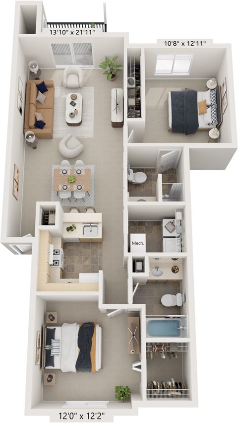 Floor plan for 2 beds, 2 baths, 1023 sqft
