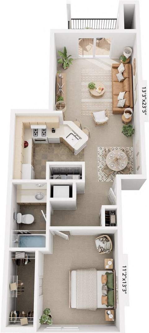 Floor plan for 1 bed, 1 bath, 732 sqft