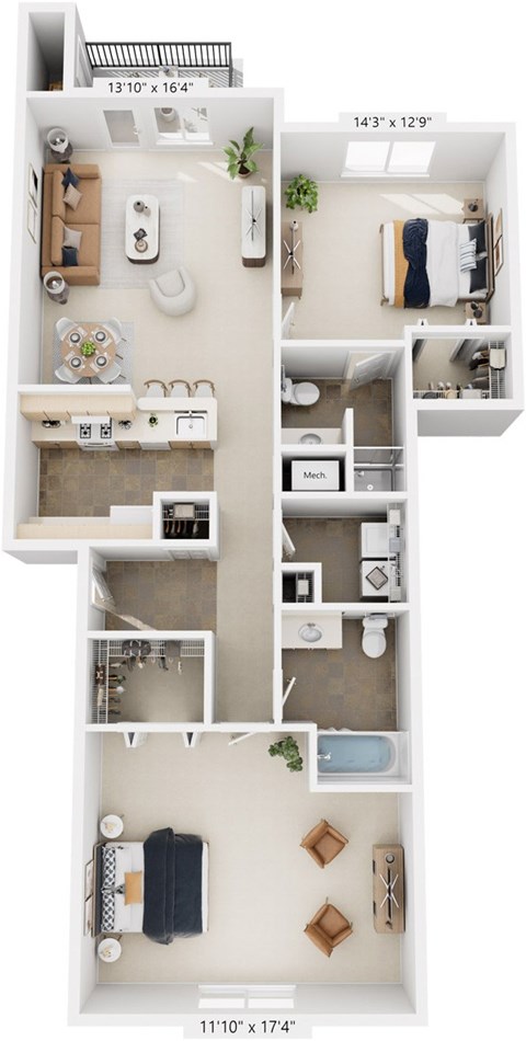 Floor plan for 2 beds, 2 baths, 1104 sqft