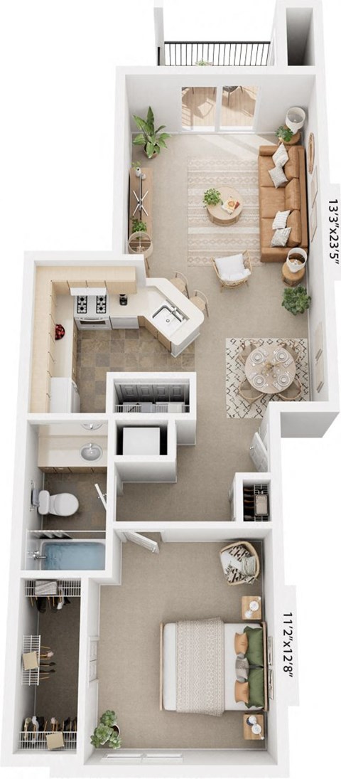 Floor plan for 1 bed, 1 bath, 835 sqft