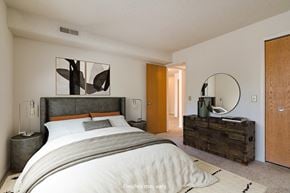 Columbia apartment for rent - a bedroom with a large bed and a dresser with a mirror at Brook Pines, Columbia, SC, 29210