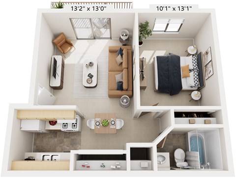 Floor plan for 1 bed, 1 bath, 609 sqft