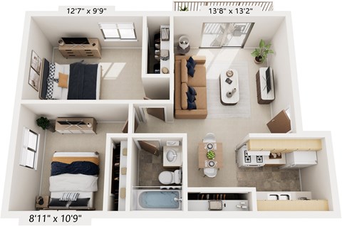 Floor plan for 2 beds, 1 bath, 699 sqft