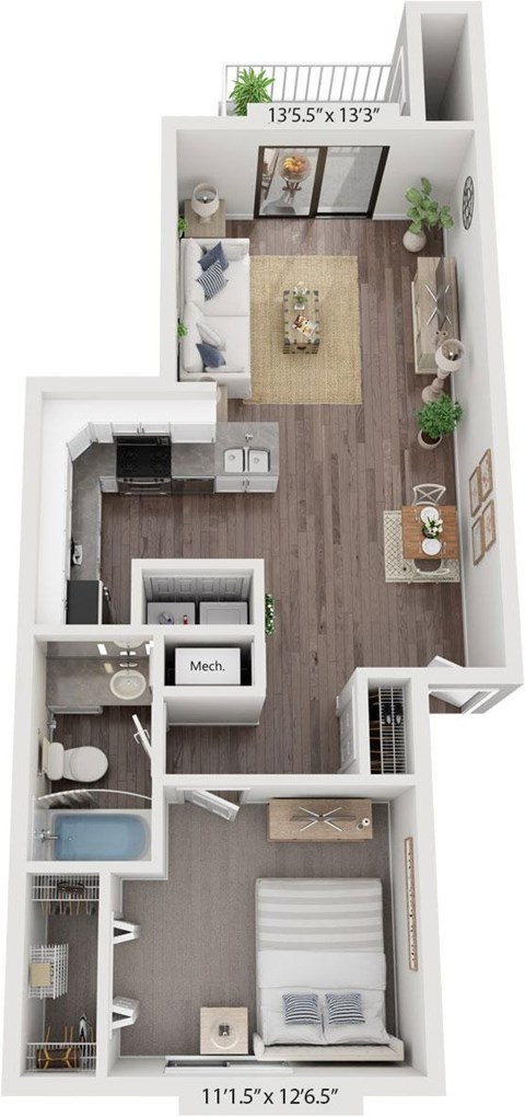 Floor plan for 1 bed, 1 bath, 736 sqft