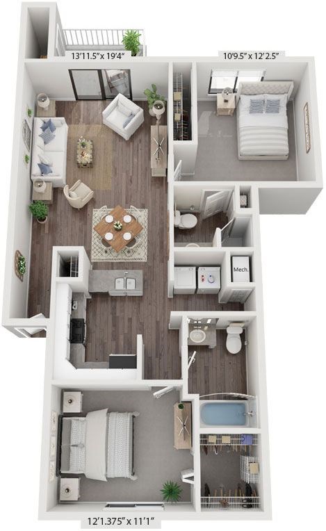 Floor plan for 2 beds, 2 baths, 991 sqft