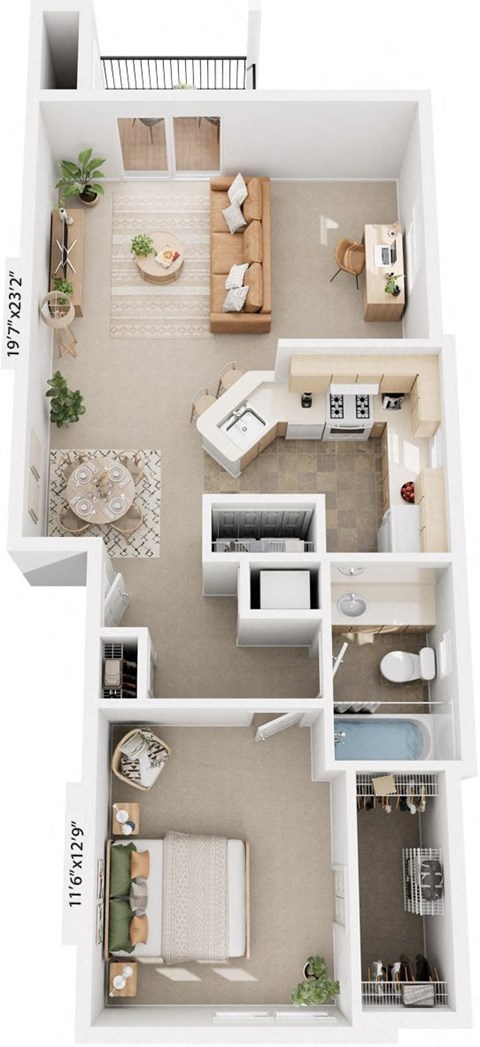 Floor plan for 1 bed, 1 bath, 842 sqft