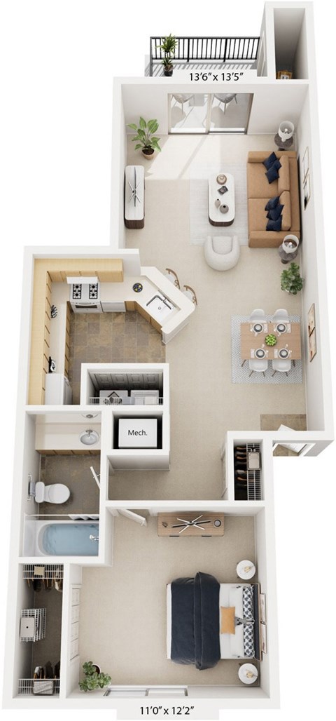 Floor plan for 1 bed, 1 bath, 729 sqft