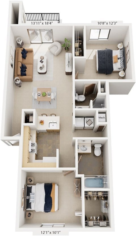 Floor plan for 2 beds, 2 baths, 962 sqft