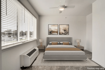 A bedroom with white walls and a large window with blinds