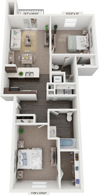 Floor plan for 2 beds, 2 baths, 1087 sqft