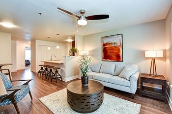 A living room with a white couch