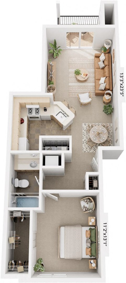 Floor plan for 1 bed, 1 bath, 732 sqft