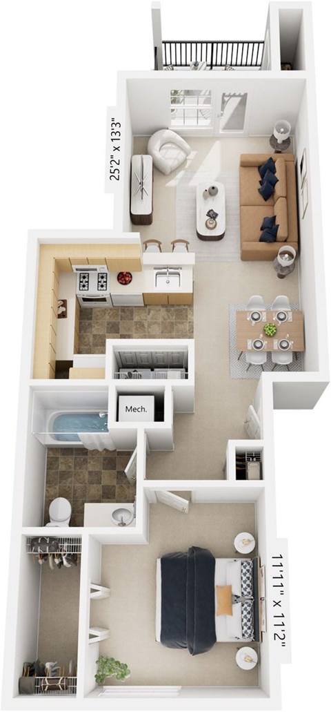 Floor plan for 1 bed, 1 bath, 726 sqft