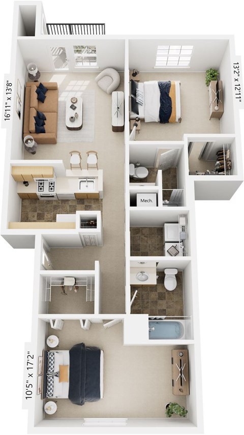 Floor plan for 2 beds, 2 baths, 1105 sqft