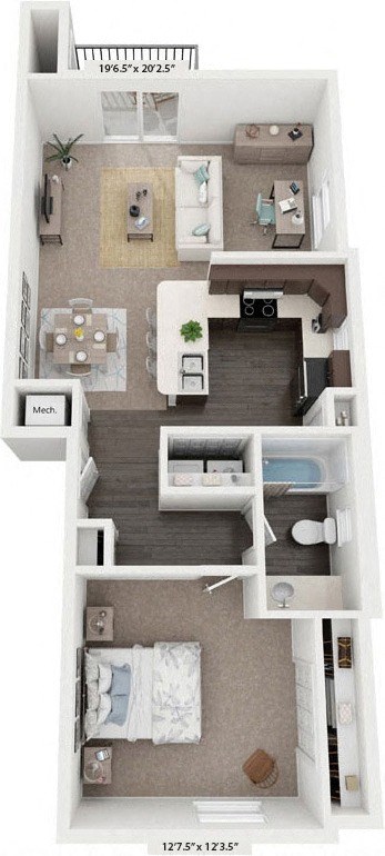 Floor plan for 1 bed, 1 bath, 838 sqft