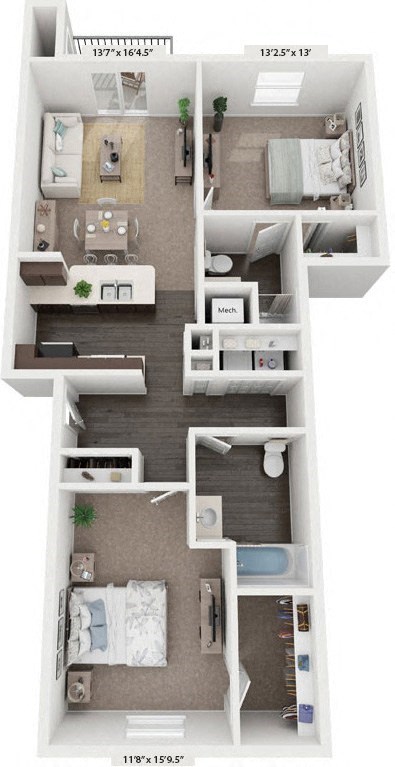 Floor plan for 2 beds, 2 baths, 1088 sqft