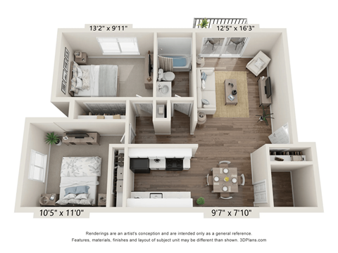 Floor plan for 2 beds, 1 bath, 862 sqft