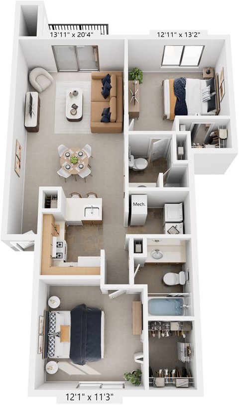 Floor plan for 2 beds, 2 baths, 991 sqft