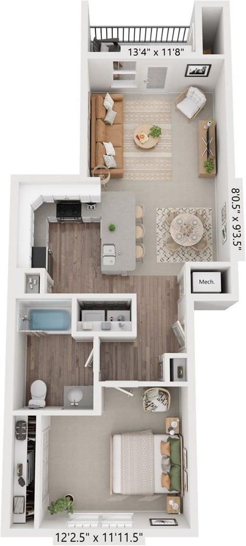 Floor plan for 1 bed, 1 bath, 898 sqft