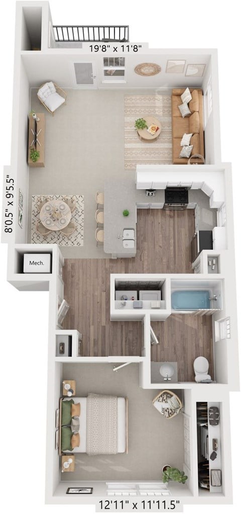 Floor plan for 1 bed, 1 bath, 863 sqft