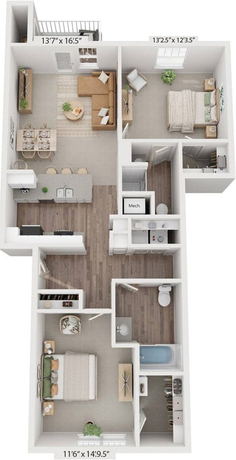 Floor plan for 2 beds, 2 baths, 1082 sqft