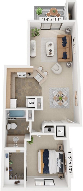 Floor plan for 1 bed, 1 bath, 744 sqft
