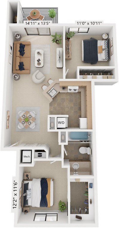 Floor plan for 2 beds, 1 bath, 927 sqft