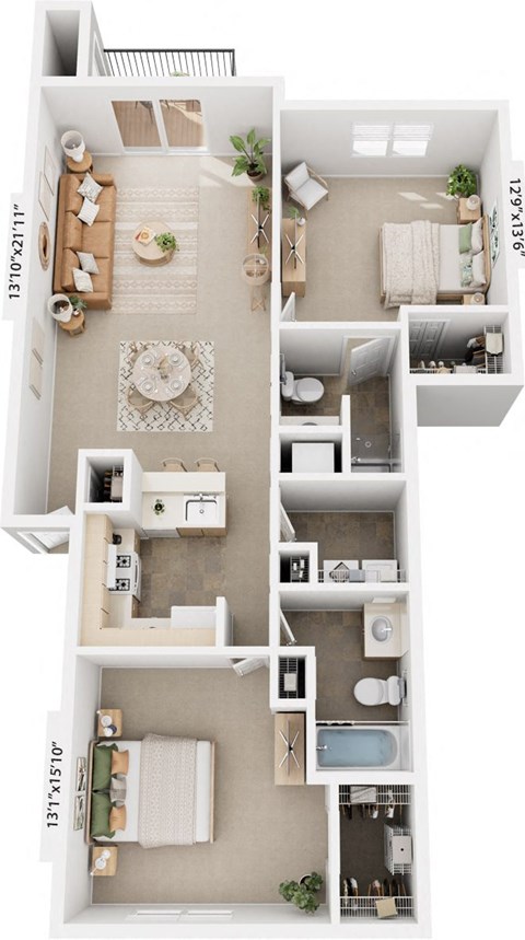Floor plan for 2 beds, 2 baths, 1105 sqft