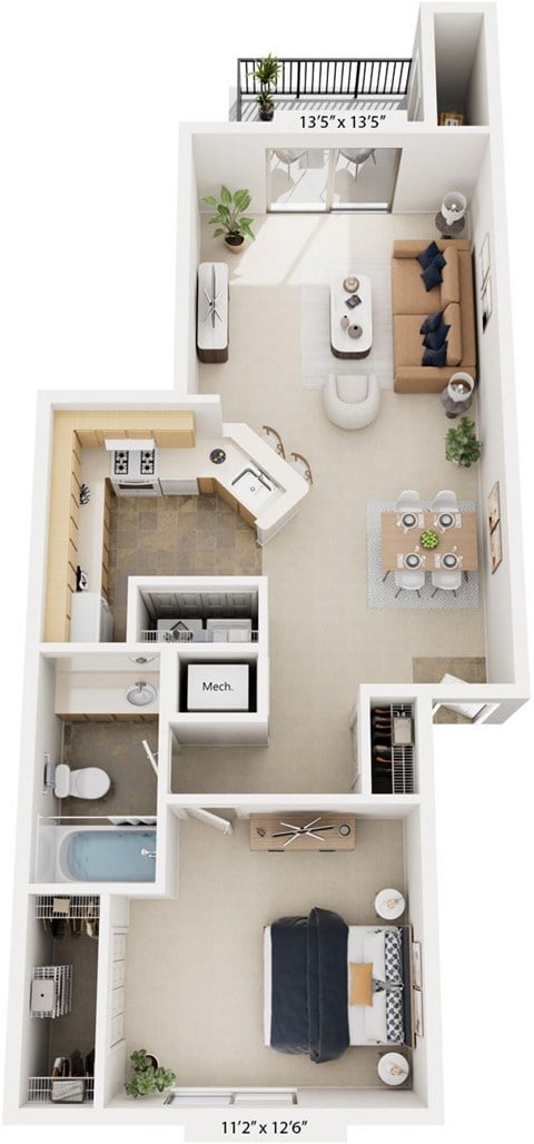 Floor plan for 1 bed, 1 bath, 739 sqft