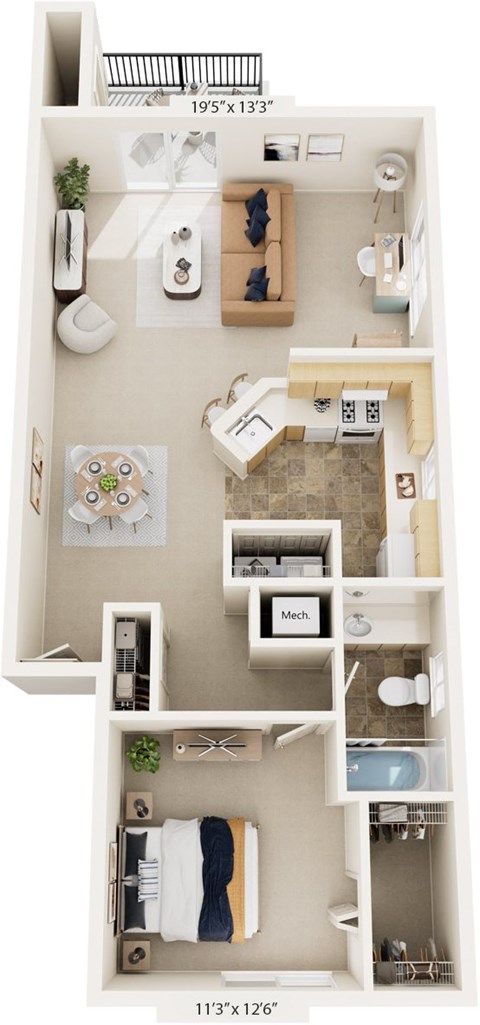 Floor plan for 1 bed, 1 bath, 830 sqft