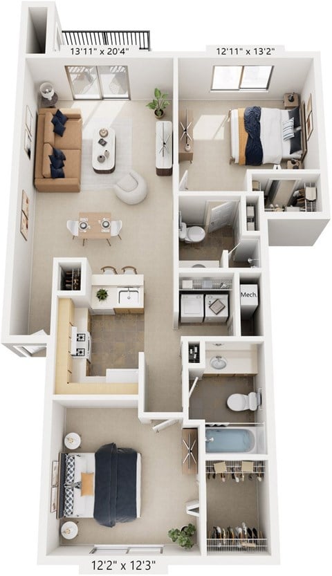 Floor plan for 2 beds, 2 baths, 1001 sqft