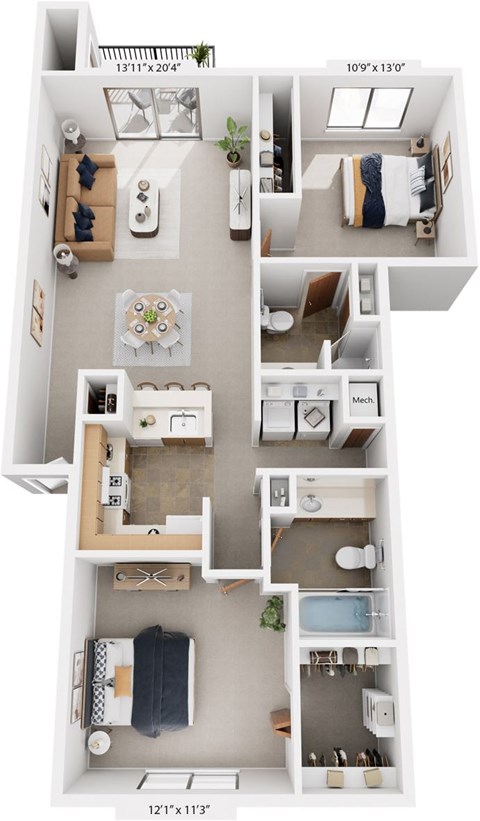 Floor plan for 2 beds, 2 baths, 992 sqft