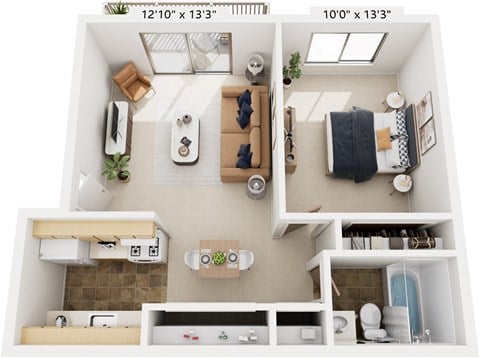 Floor plan for 1 bed, 1 bath, 609 sqft